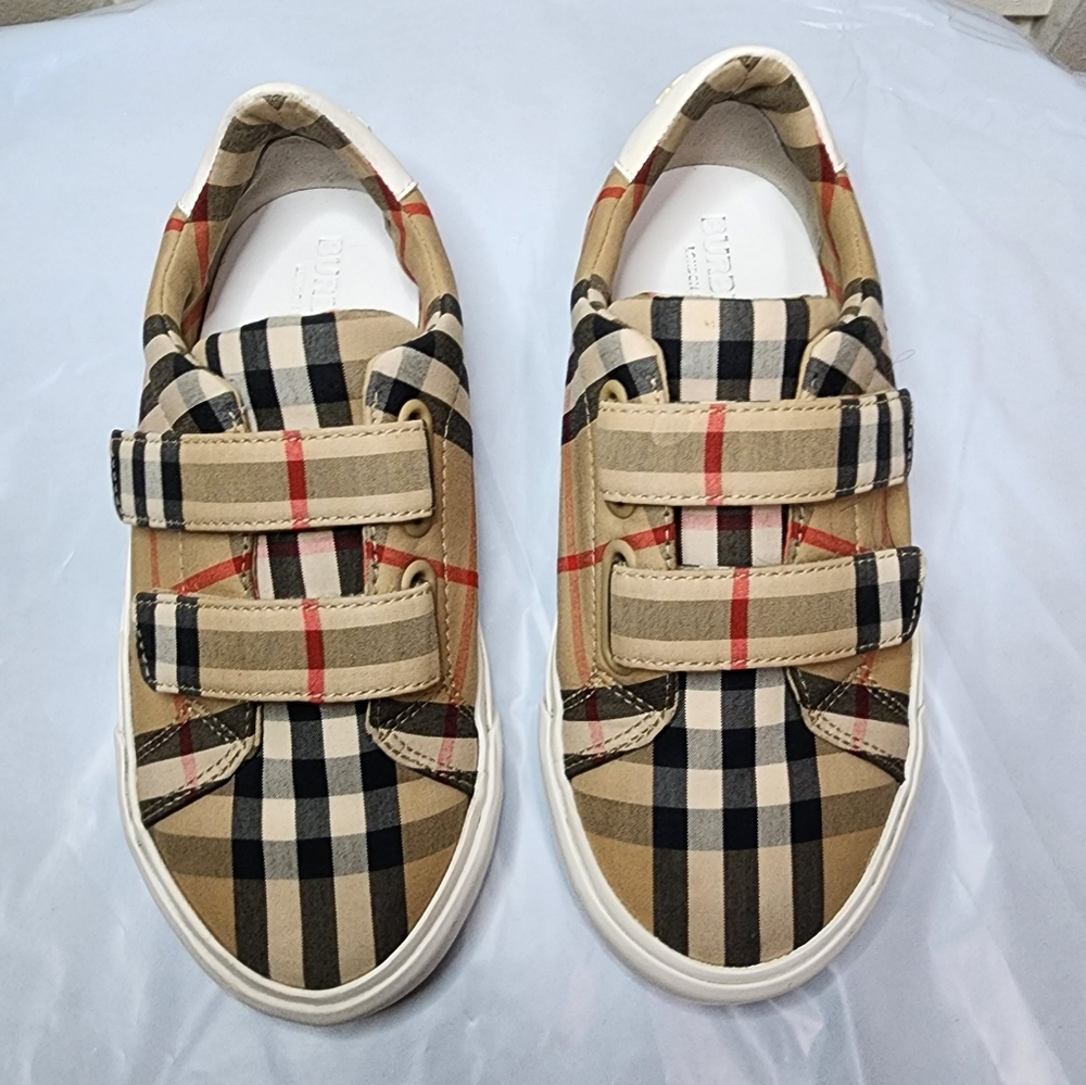 Burberry Beige Tan Plaid Kids Sneakers with Red and Black Accents